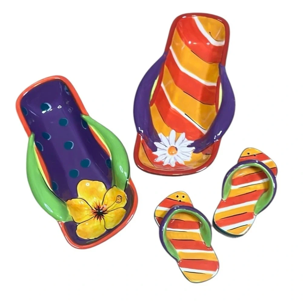 Clay Art Flip Flop Ceramic Party Serving Dishes and Salt & Pepper Shakers NWOT